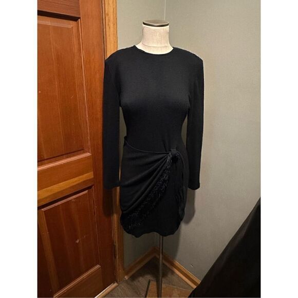Hearts Brand Vintage 80s Black LBD USA Made Knit Fringe Wrap Look Dress Size S - Picture 1 of 13